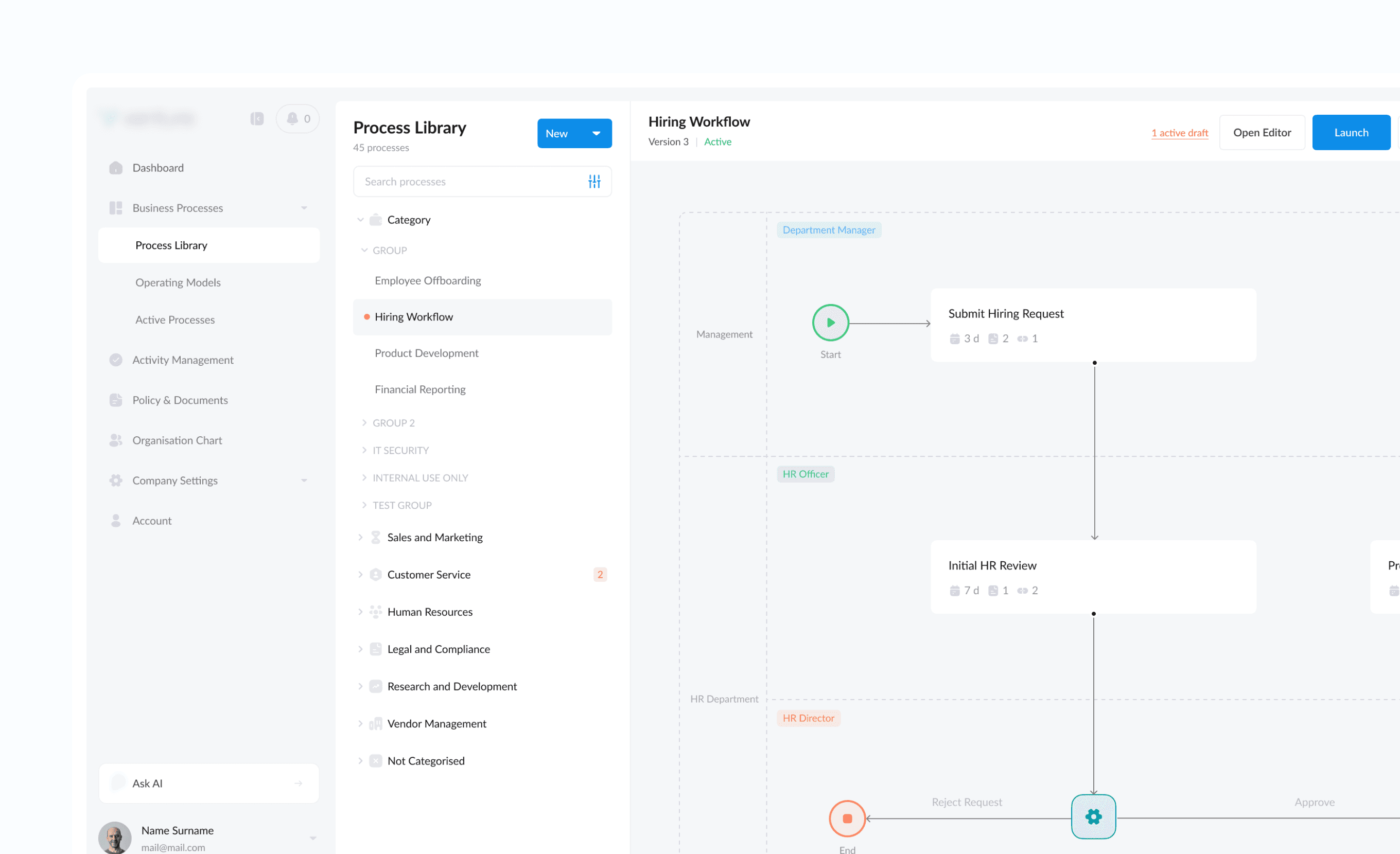 The process library and a compact process-run view (Hiring Workflow), on a clean background.