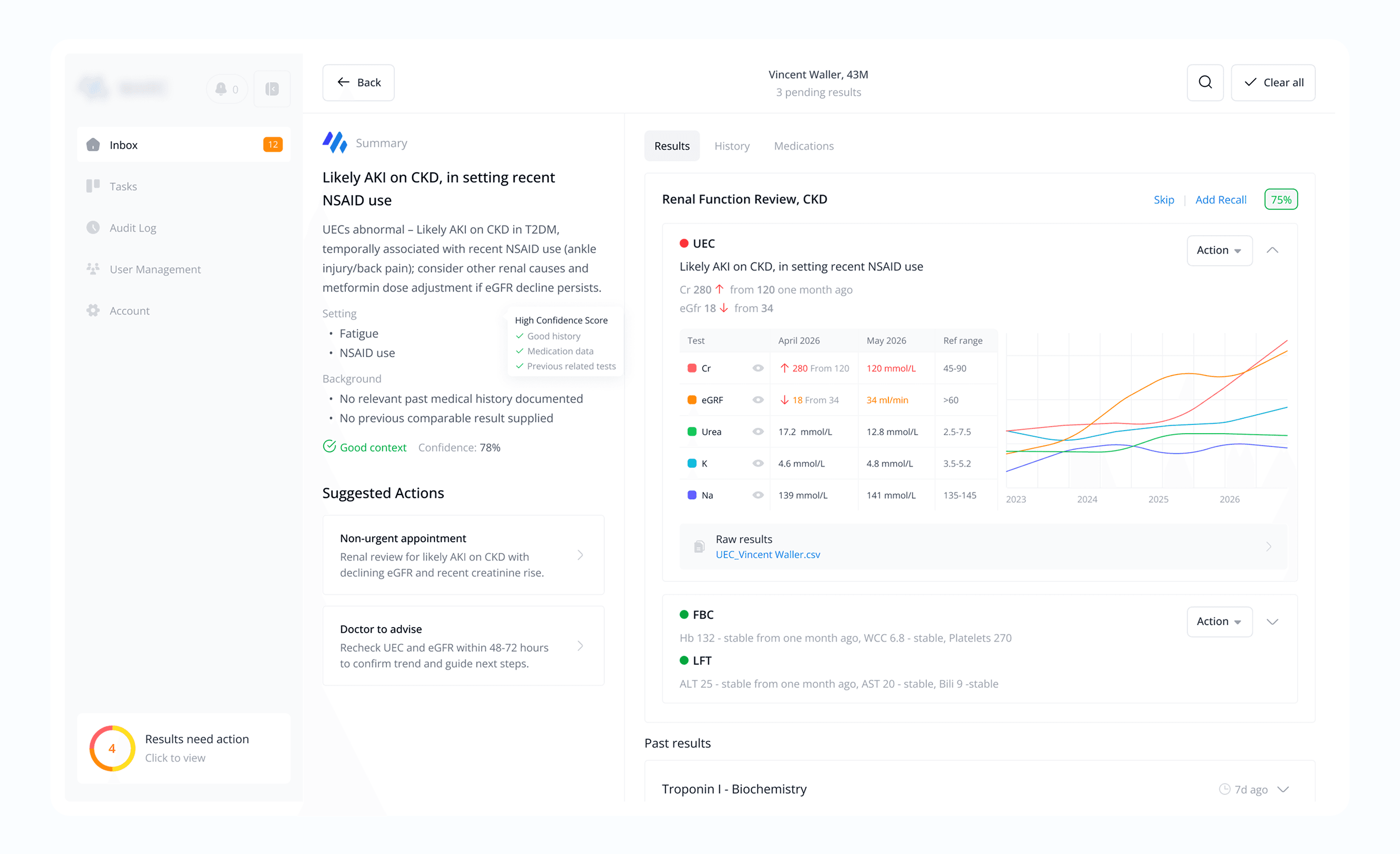 The Patient Result Workspace - AI summary, trend chart, raw values and suggested actions.