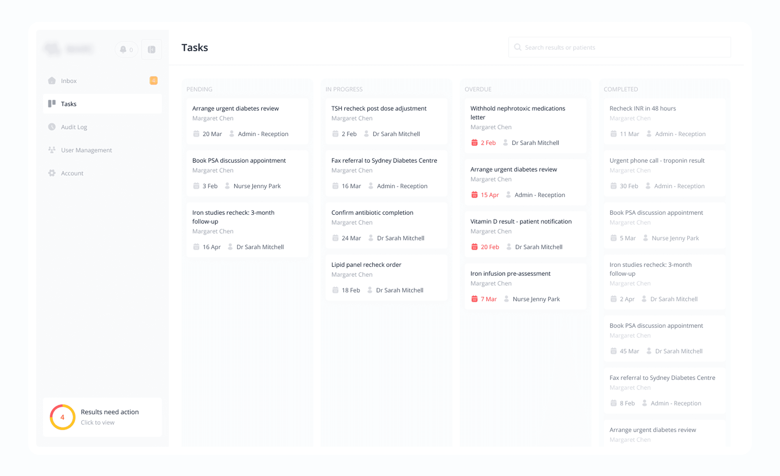 The Tasks board - pending, in progress, overdue and completed follow-up work.