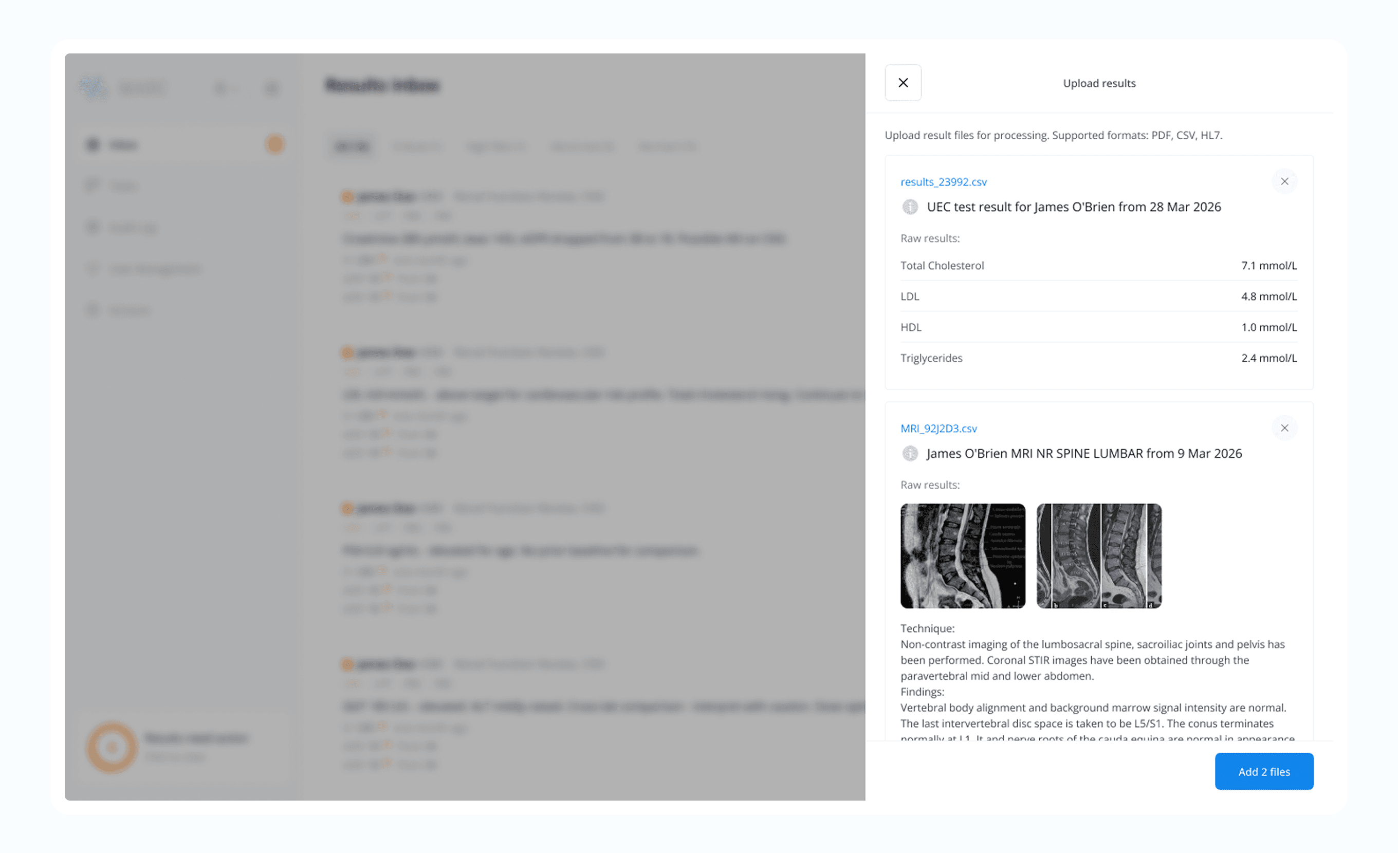The manual upload flow - structured data and imaging entering the system for interpretation.